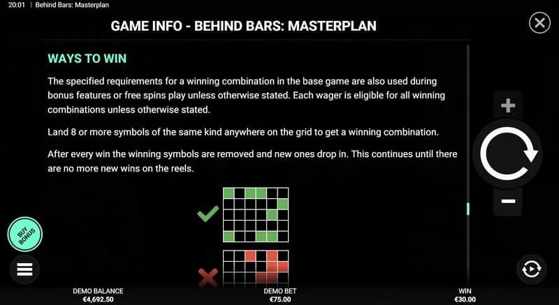 Behind Bars Masterplan - summary of winning lines and combinations